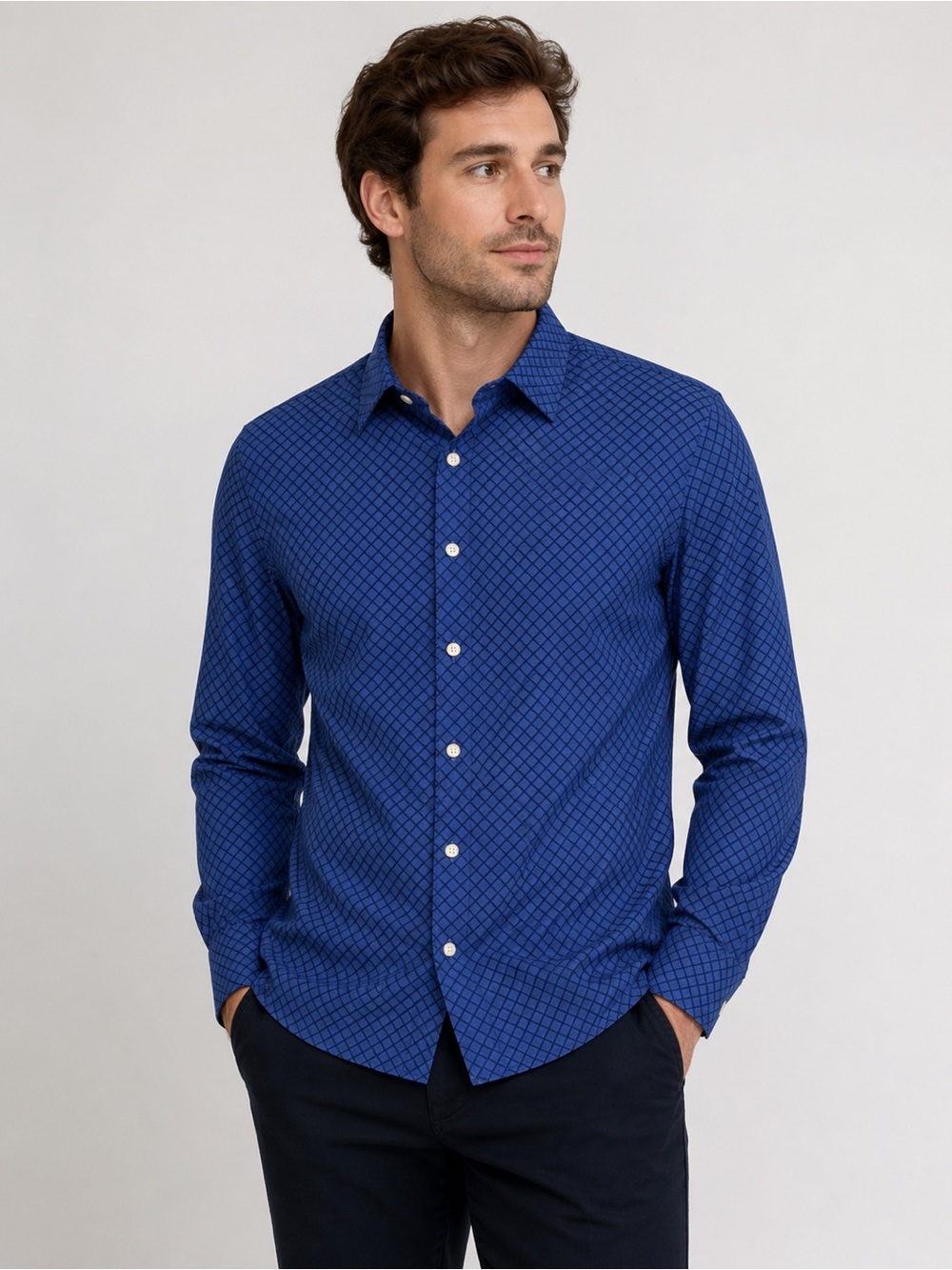 Men’s Large Slim Fit Blue Button Down Shirt • Geometric Print Long Sleeve Top